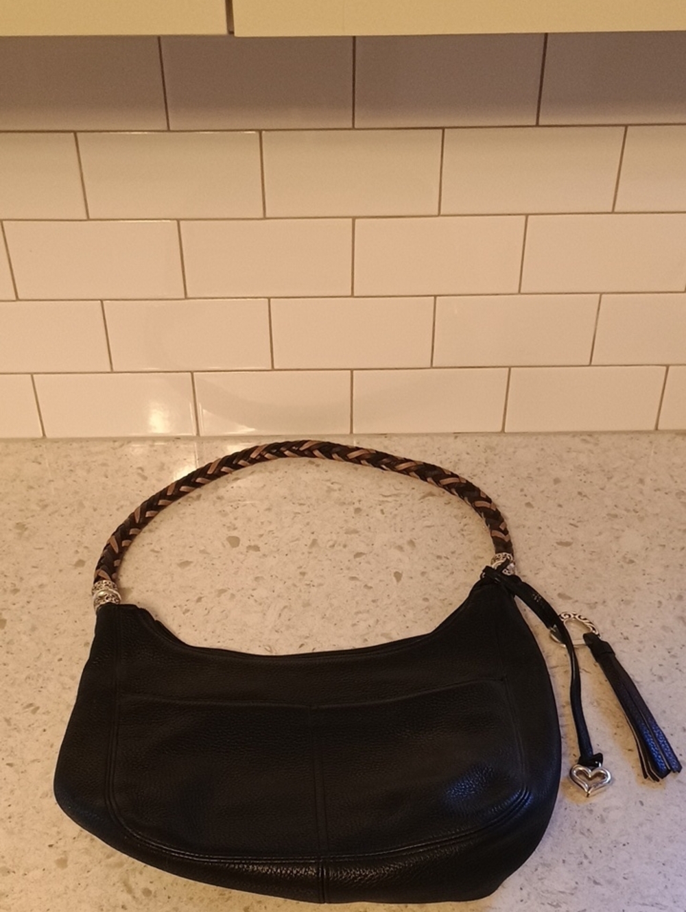 Brighton Black Pebbled Leather Barbados Zip Up Hobo Bag with Braided Strap